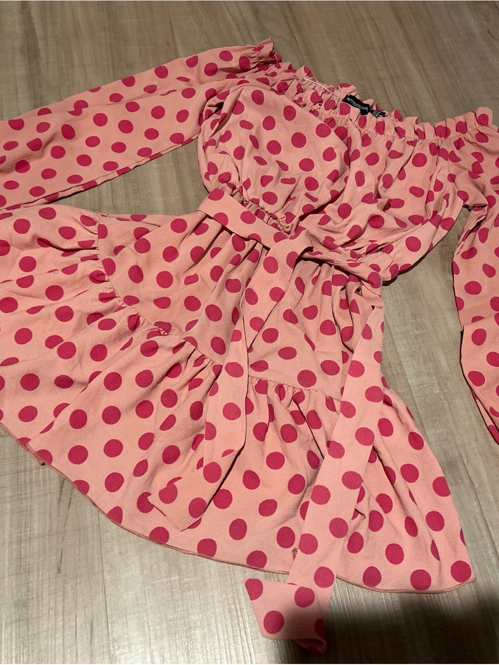 PrettyLittleThing Pink Polka Dot Off-Shoulder Mini Dress